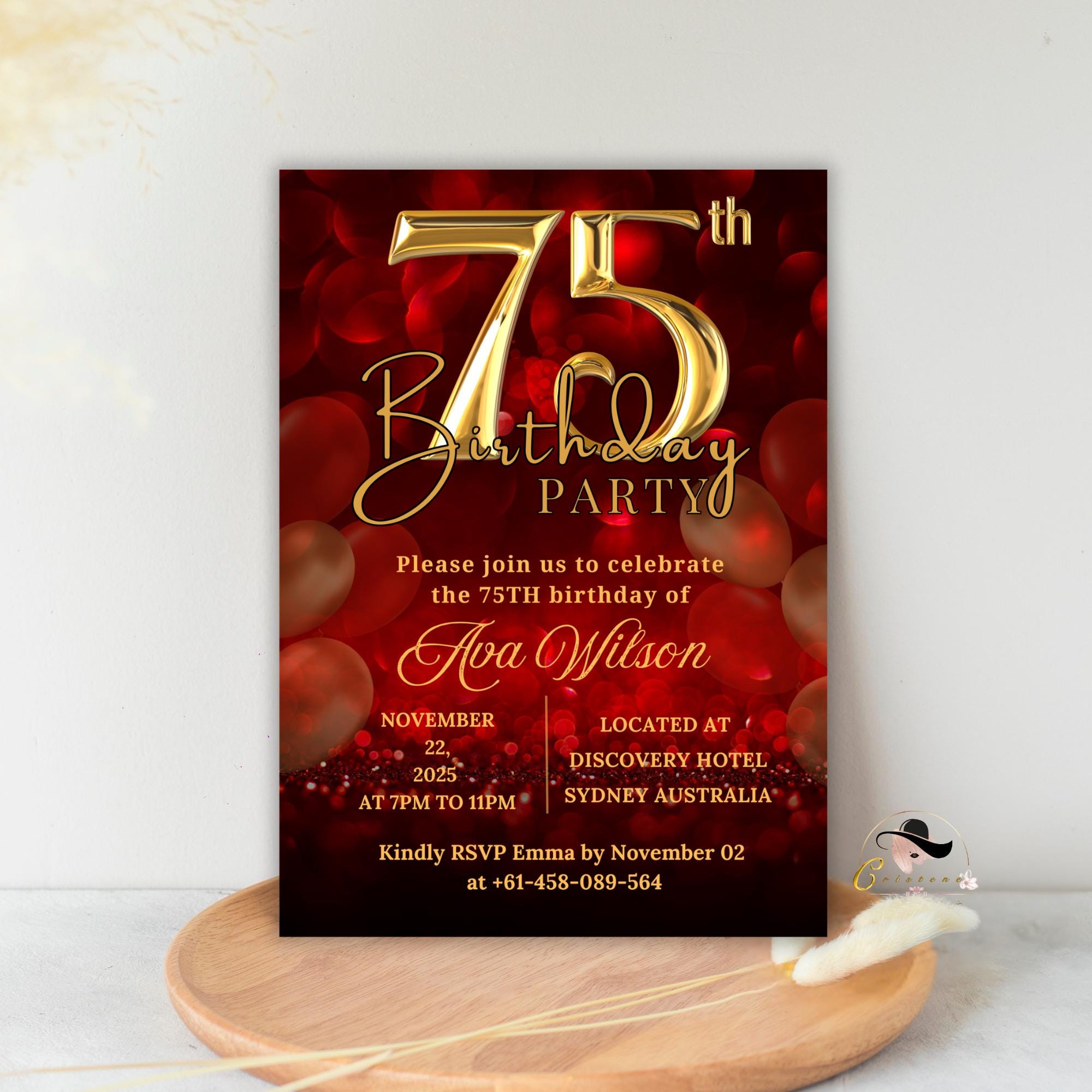 Digital 75th birthday invitation woman Red gold 75th birthday party for 75 year old wife Printable card 75th birthday invites afternoon tea