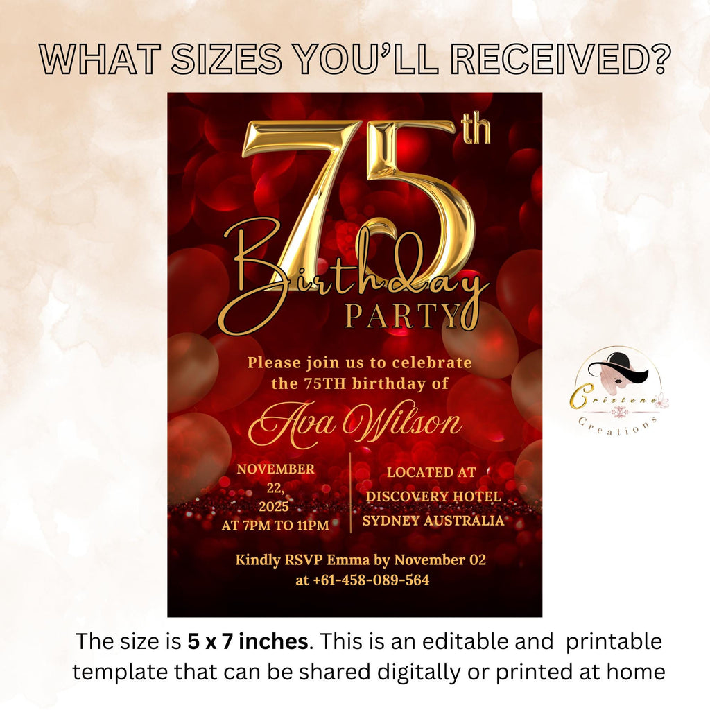Digital 75th birthday invitation woman Red gold 75th birthday party for 75 year old wife Printable card 75th birthday invites afternoon tea