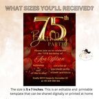 Digital 75th birthday invitation woman Red gold 75th birthday party for 75 year old wife Printable card 75th birthday invites afternoon tea
