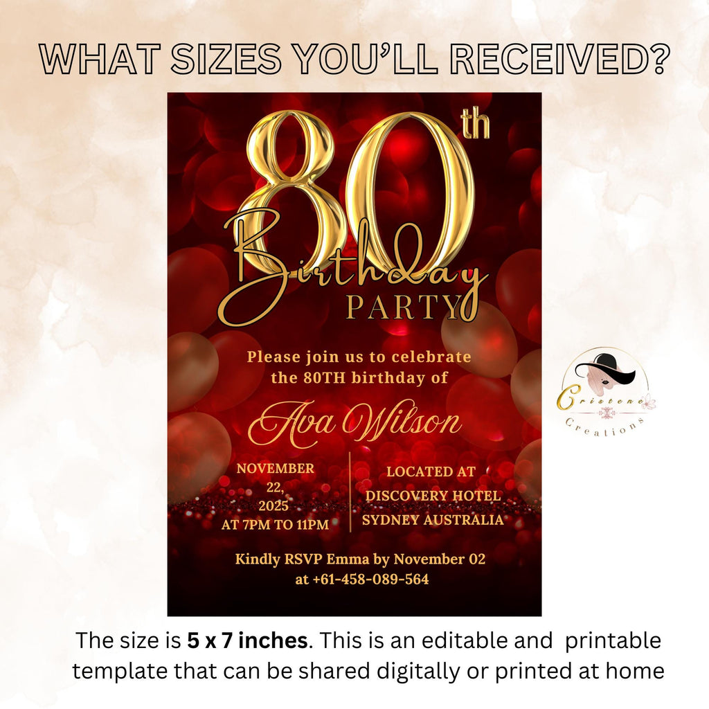 Digital 80th birthday invitation woman, 80 and fabulous, 80th birthday dinner invite for mum, Eighty birthday party printable card template