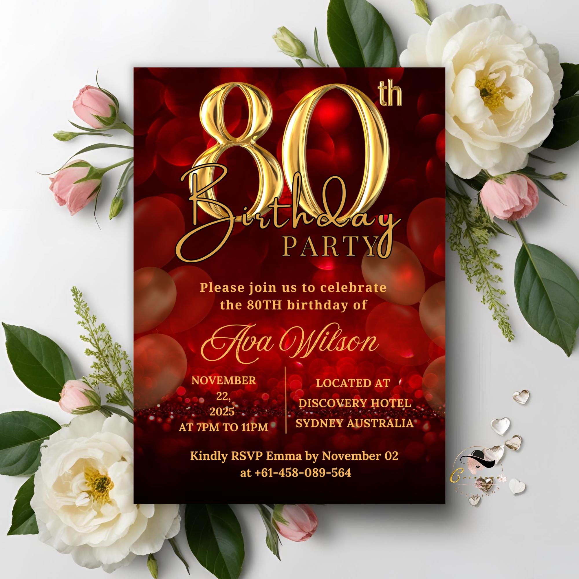 Digital 80th birthday invitation woman, 80 and fabulous, 80th birthday dinner invite for mum, Eighty birthday party printable card template