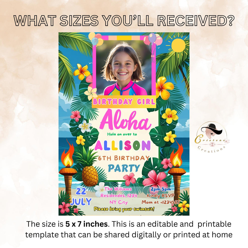 Aloha Beach Birthday invitation girl Digital Luau party with photo invite, Kids summer birthday card, Editable Tropical pool party template