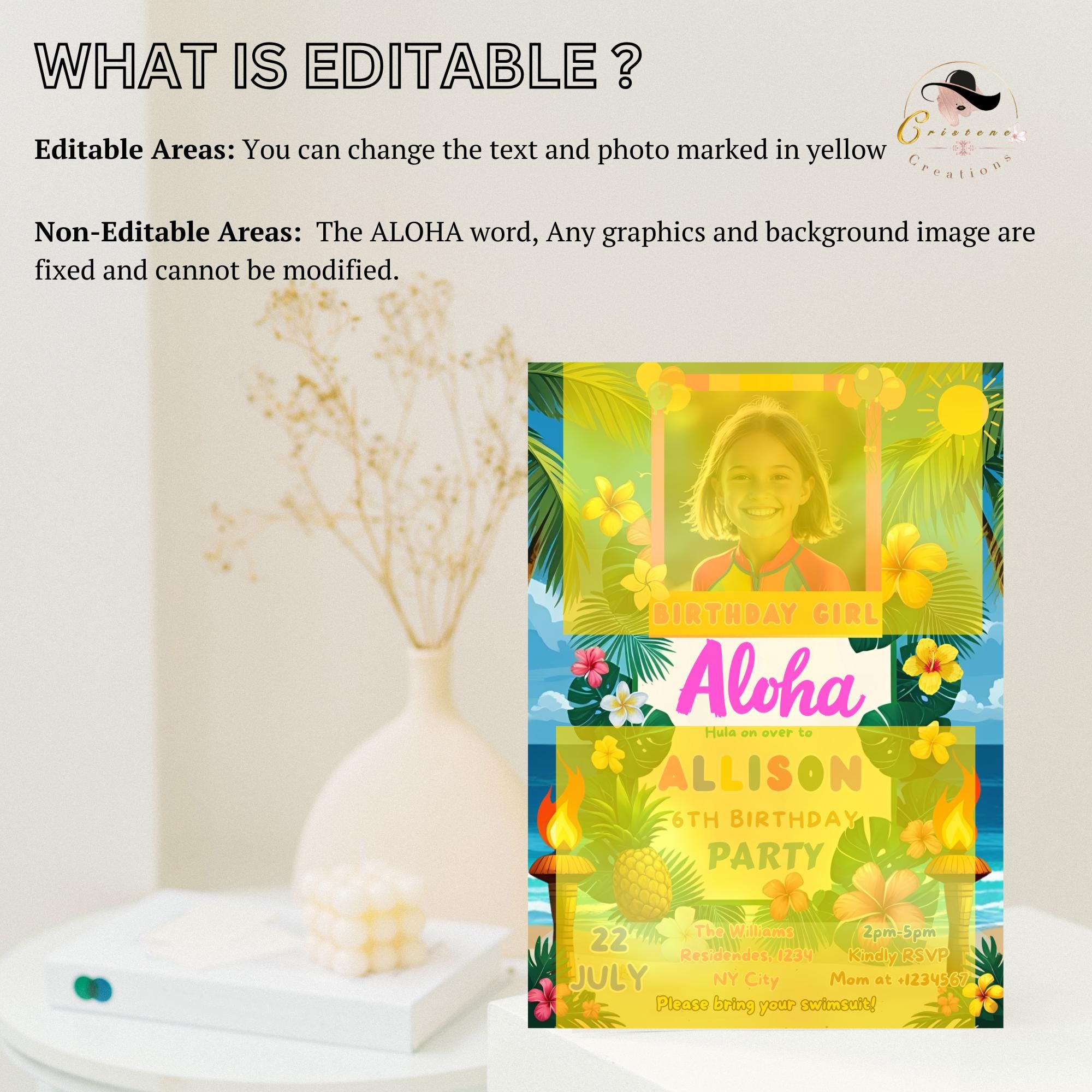 Aloha Beach Birthday invitation girl Digital Luau party with photo invite, Kids summer birthday card, Editable Tropical pool party template