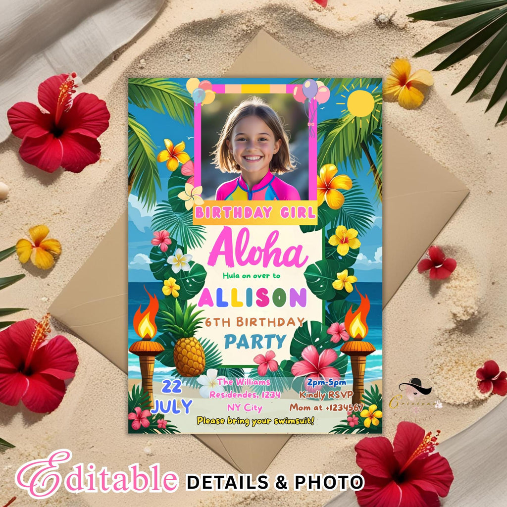 Aloha Beach Birthday invitation girl Digital Luau party with photo invite, Kids summer birthday card, Editable Tropical pool party template