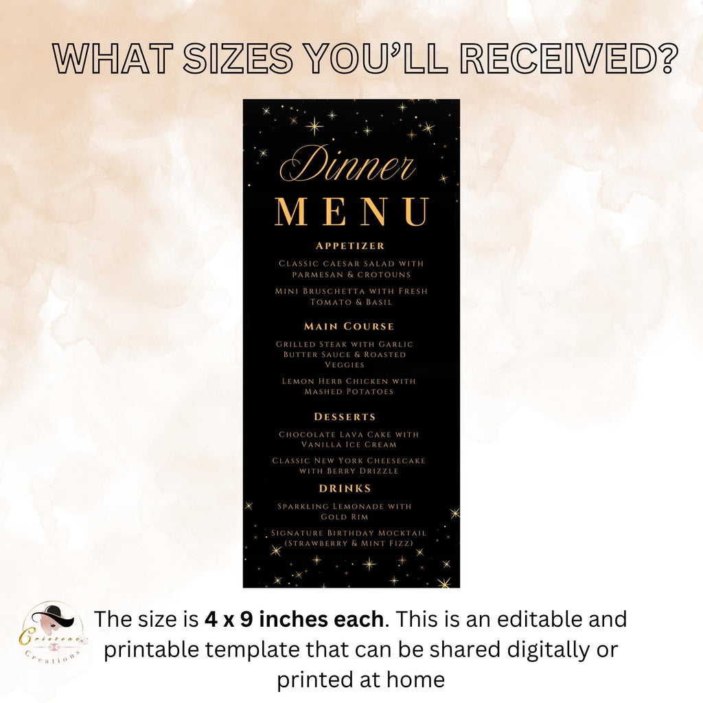 Editable Dinner party Menu template Black gold Menu cards printable Birthday Dinner menu, Bachelorrete Menu Brunch Glittery Sparkle Menu