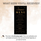 Editable Dinner party Menu template Black gold Menu cards printable Birthday Dinner menu, Bachelorrete Menu Brunch Glittery Sparkle Menu