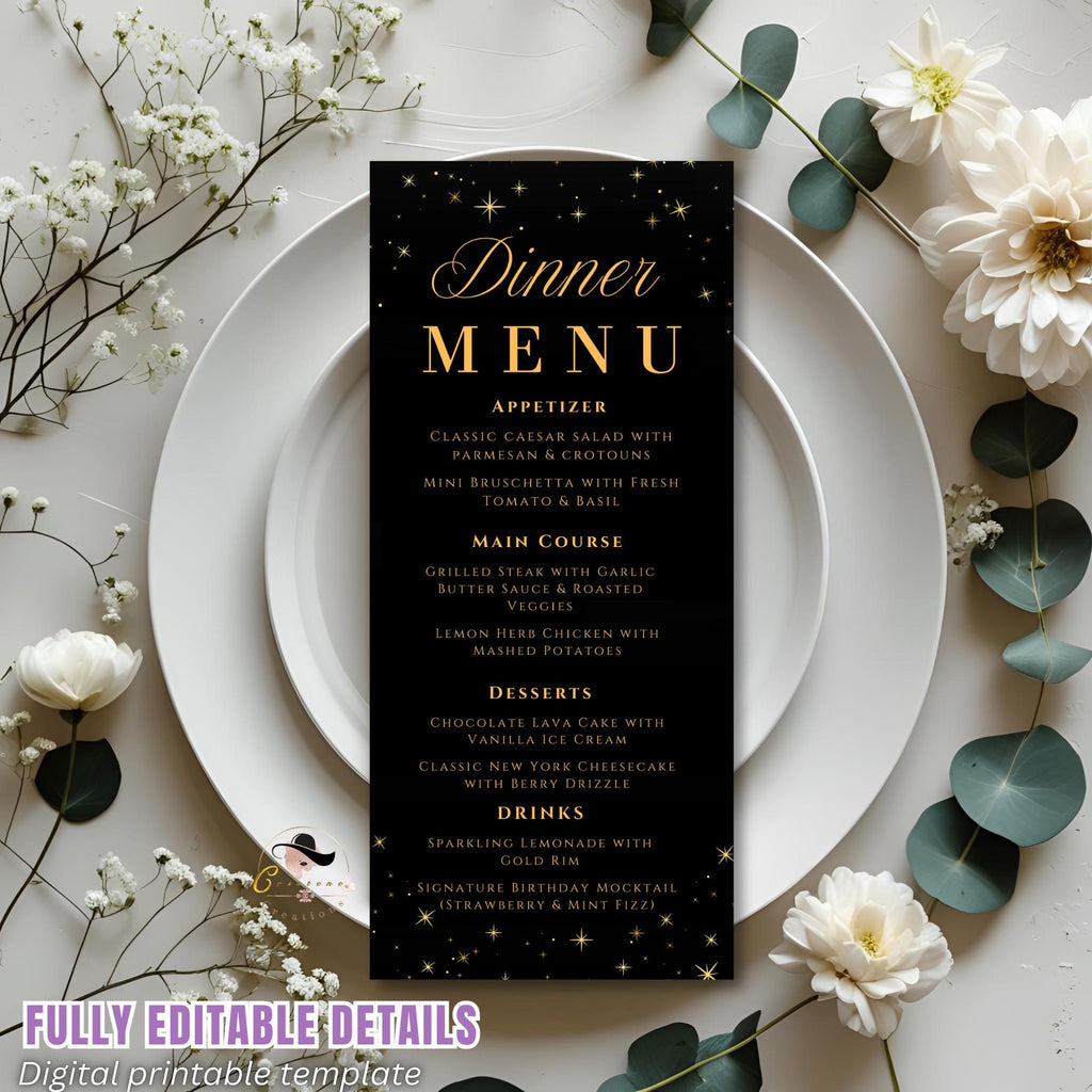 Editable Dinner party Menu template Black gold Menu cards printable Birthday Dinner menu, Bachelorrete Menu Brunch Glittery Sparkle Menu