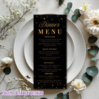 Editable Dinner party Menu template Black gold Menu cards printable Birthday Dinner menu, Bachelorrete Menu Brunch Glittery Sparkle Menu