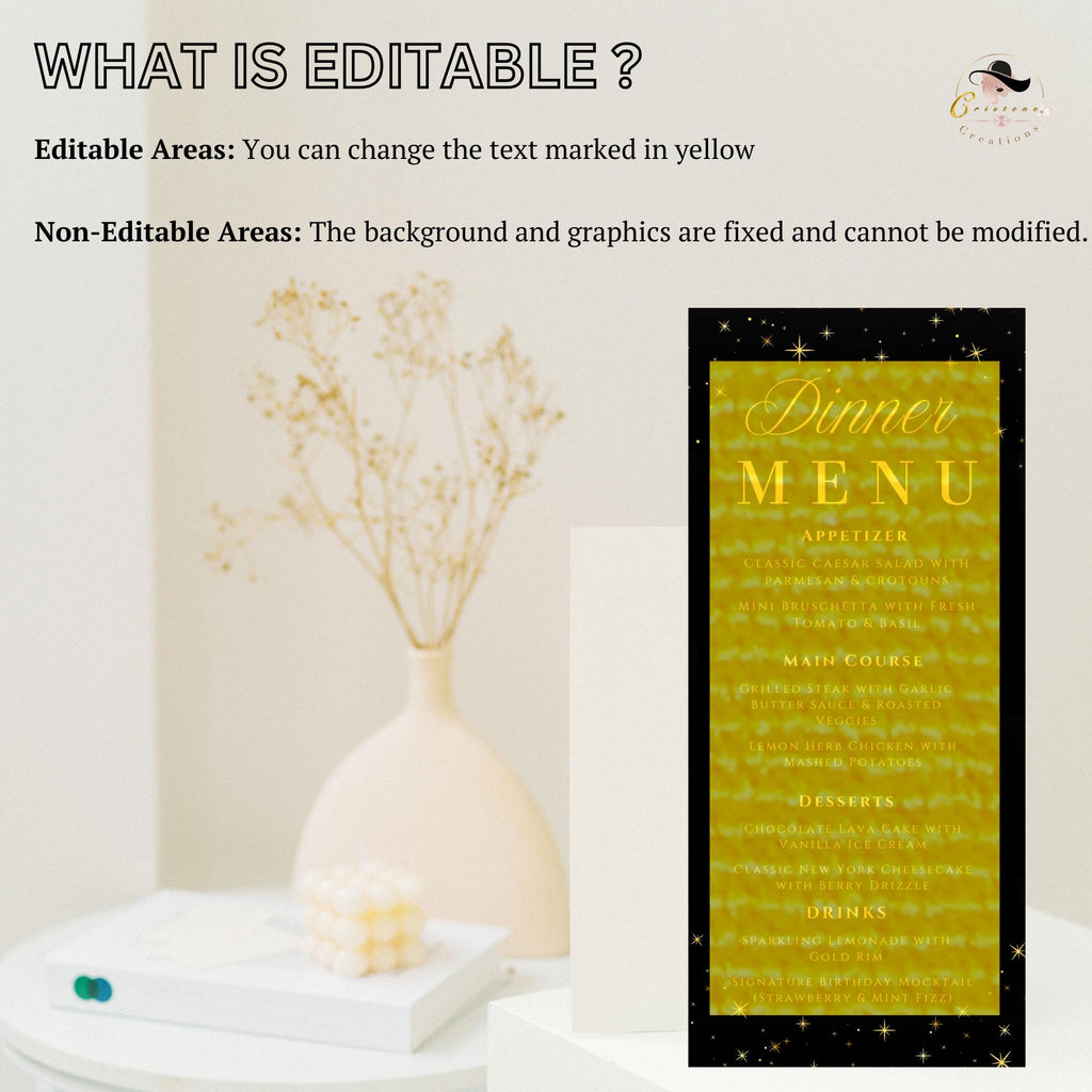 Editable Dinner party Menu template Black gold Menu cards printable Birthday Dinner menu, Bachelorrete Menu Brunch Glittery Sparkle Menu
