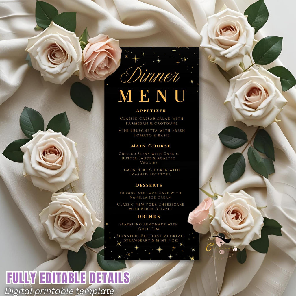 Editable Dinner party Menu template Black gold Menu cards printable Birthday Dinner menu, Bachelorrete Menu Brunch Glittery Sparkle Menu