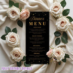 Editable Dinner party Menu template Black gold Menu cards printable Birthday Dinner menu, Bachelorrete Menu Brunch Glittery Sparkle Menu