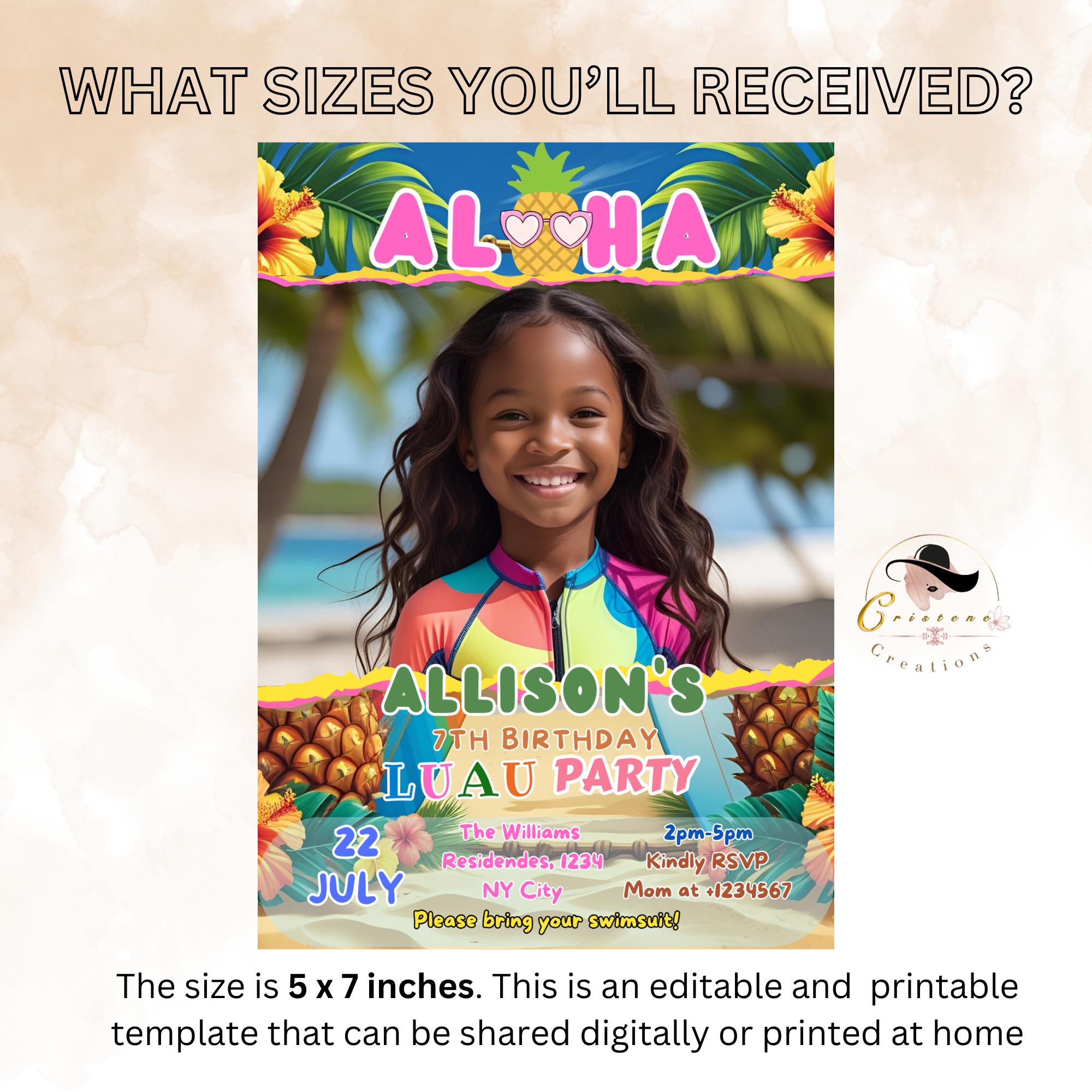 Aloha Luau birthday invitation with photo, Kids tropical party invite, Summer beach party 4th birthday, Digital Hawaiian Pool party for kids