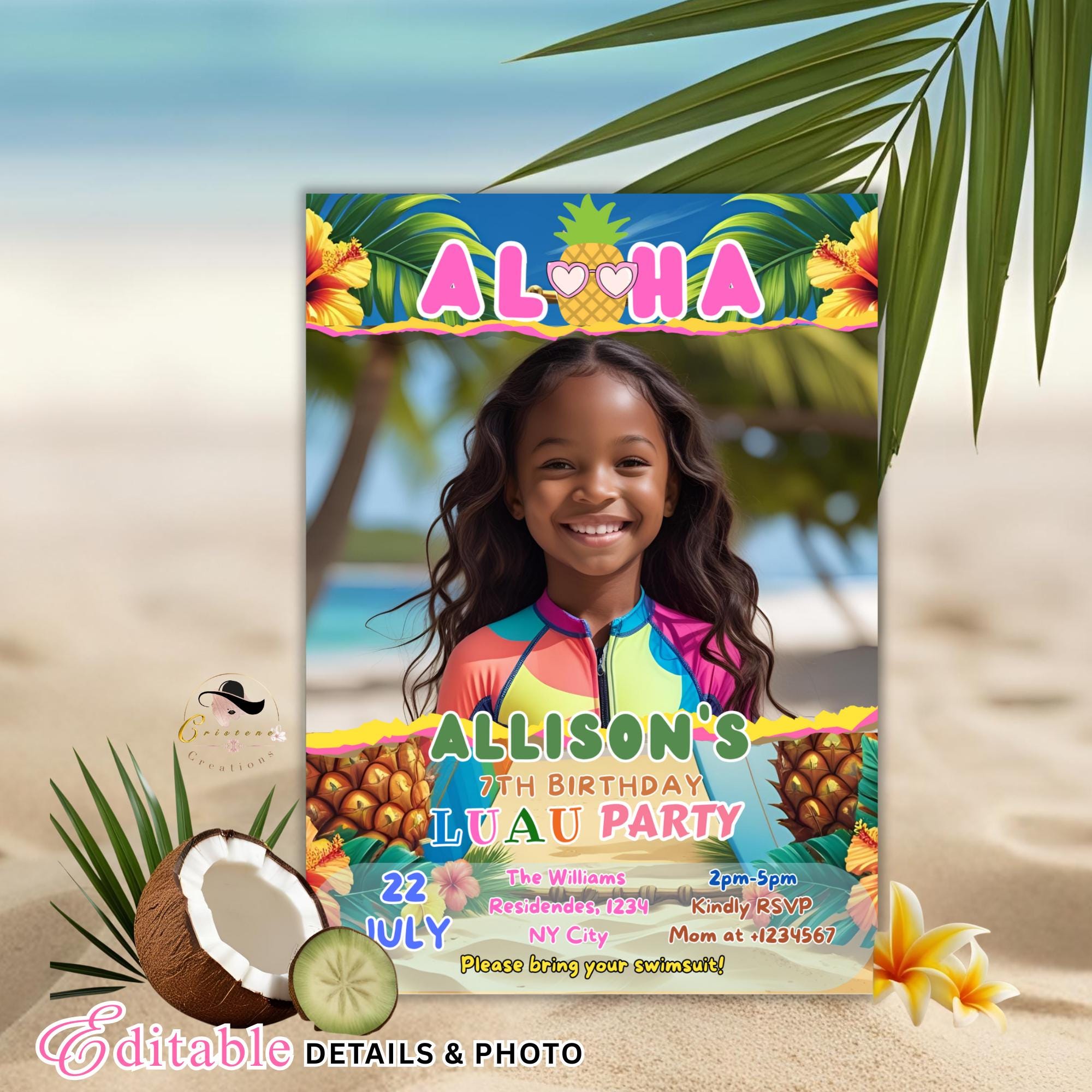Aloha Luau birthday invitation with photo, Kids tropical party invite, Summer beach party 4th birthday, Digital Hawaiian Pool party for kids