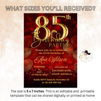 85th birthday invitation for woman Red gold 85th birthday party invite, 85 and fabulous, 85 years ago today template, Digital printable card