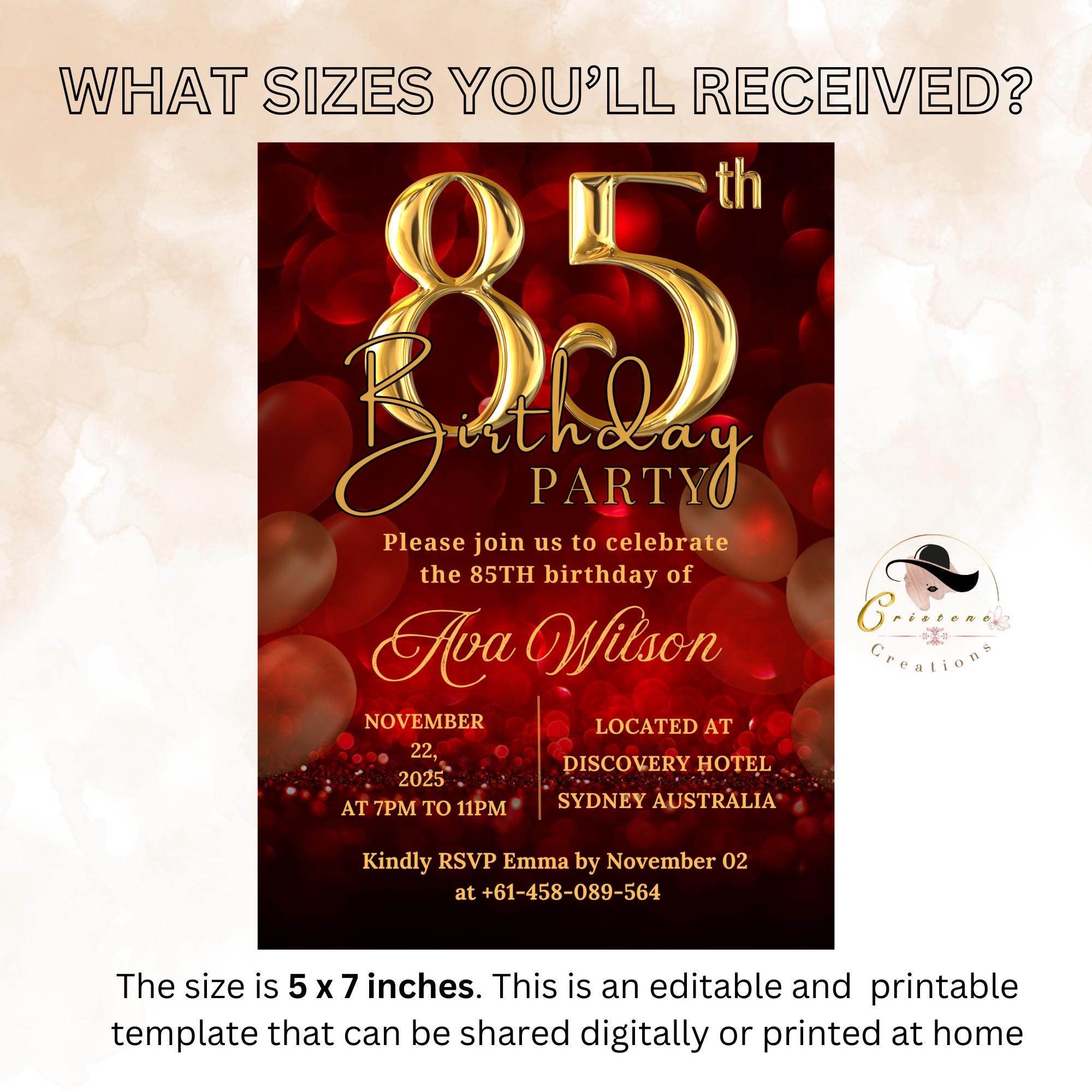 85th birthday invitation for woman Red gold 85th birthday party invite, 85 and fabulous, 85 years ago today template, Digital printable card
