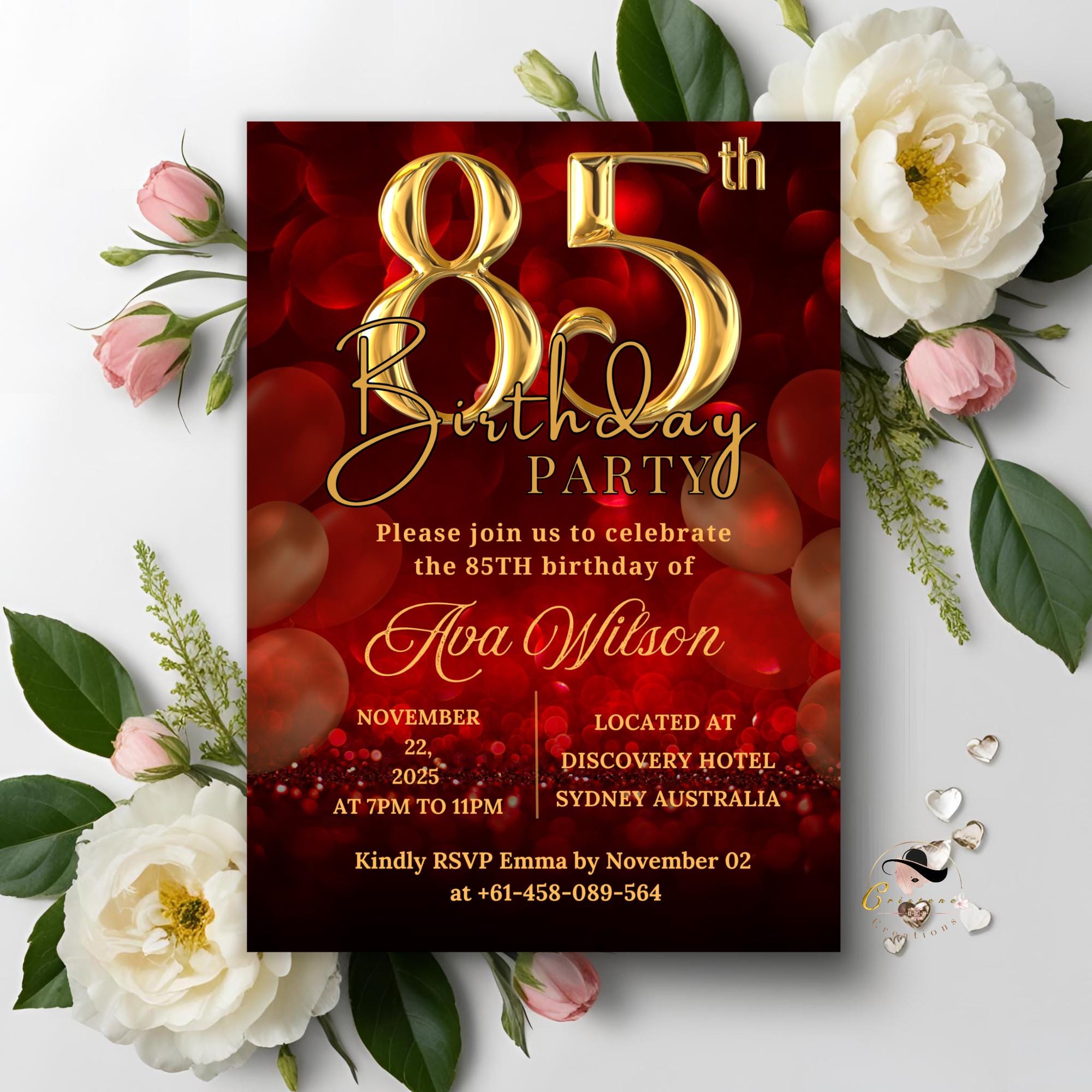 85th birthday invitation for woman Red gold 85th birthday party invite, 85 and fabulous, 85 years ago today template, Digital printable card