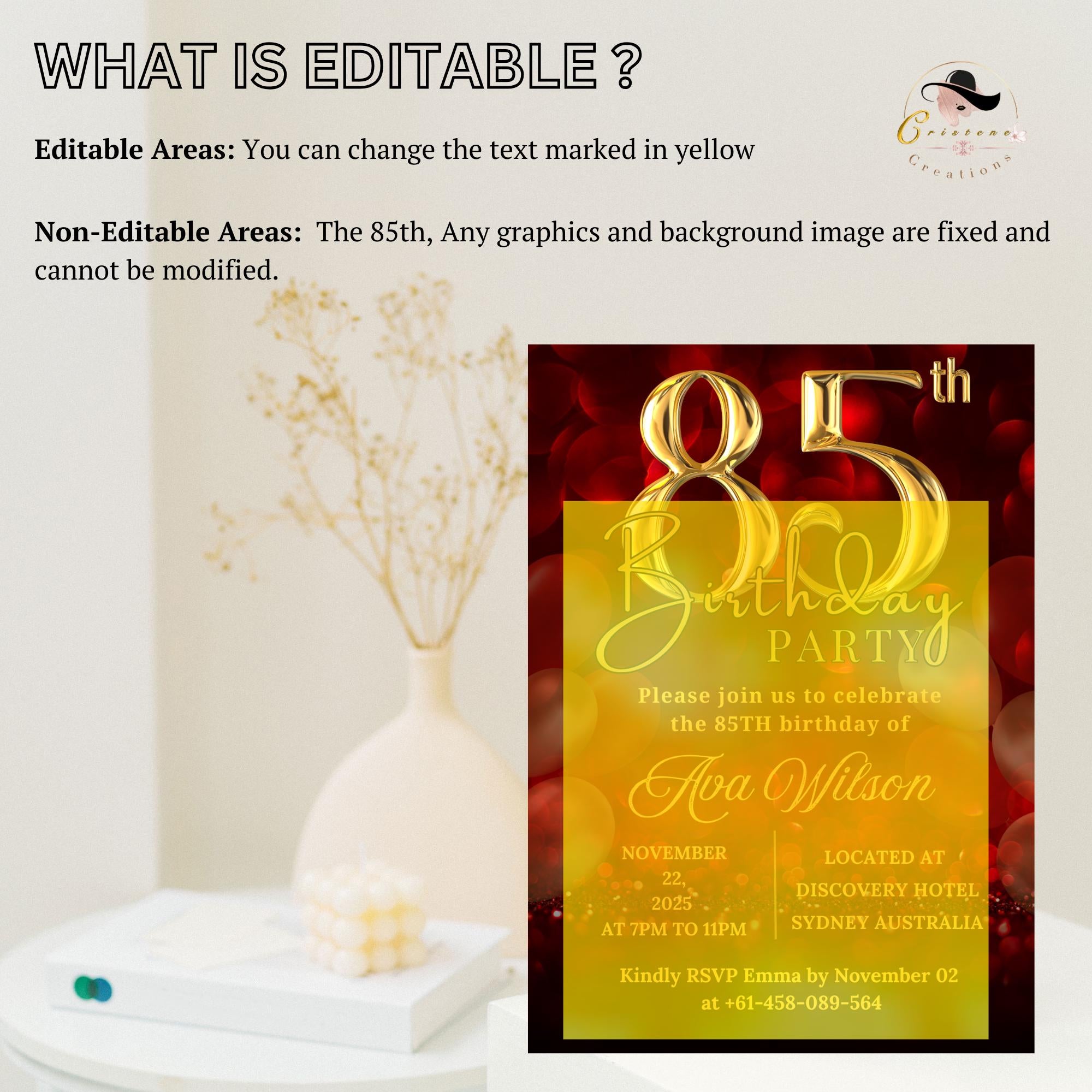85th birthday invitation for woman Red gold 85th birthday party invite, 85 and fabulous, 85 years ago today template, Digital printable card