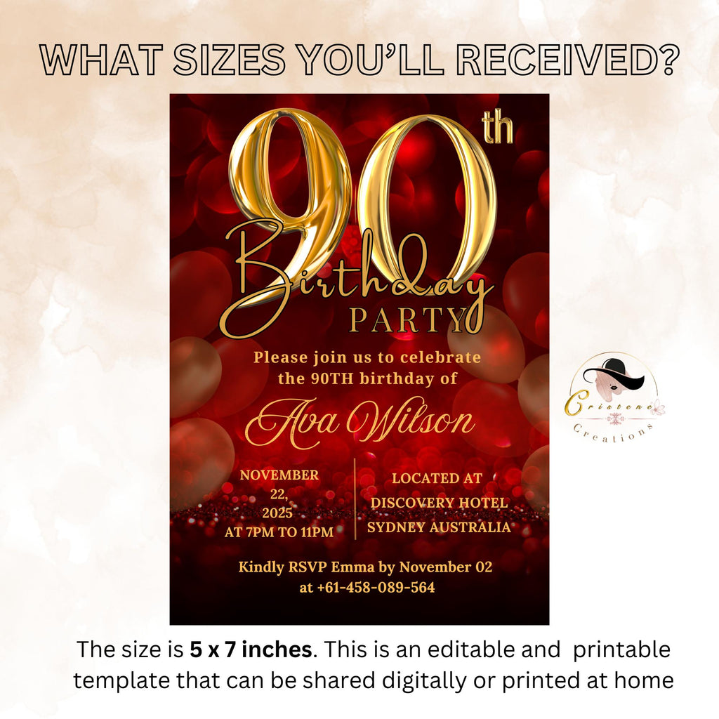 90th birthday invitation Red Gold 90th Birthday Dinner invite, 90 and Fabulous Party, Elegant Ninetieth Birthday Woman Printable Template