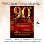 90th birthday invitation Red Gold 90th Birthday Dinner invite, 90 and Fabulous Party, Elegant Ninetieth Birthday Woman Printable Template