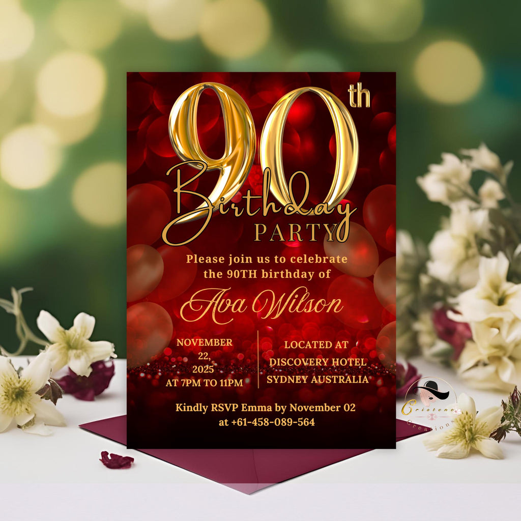 90th birthday invitation Red Gold 90th Birthday Dinner invite, 90 and Fabulous Party, Elegant Ninetieth Birthday Woman Printable Template