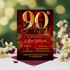 90th birthday invitation Red Gold 90th Birthday Dinner invite, 90 and Fabulous Party, Elegant Ninetieth Birthday Woman Printable Template