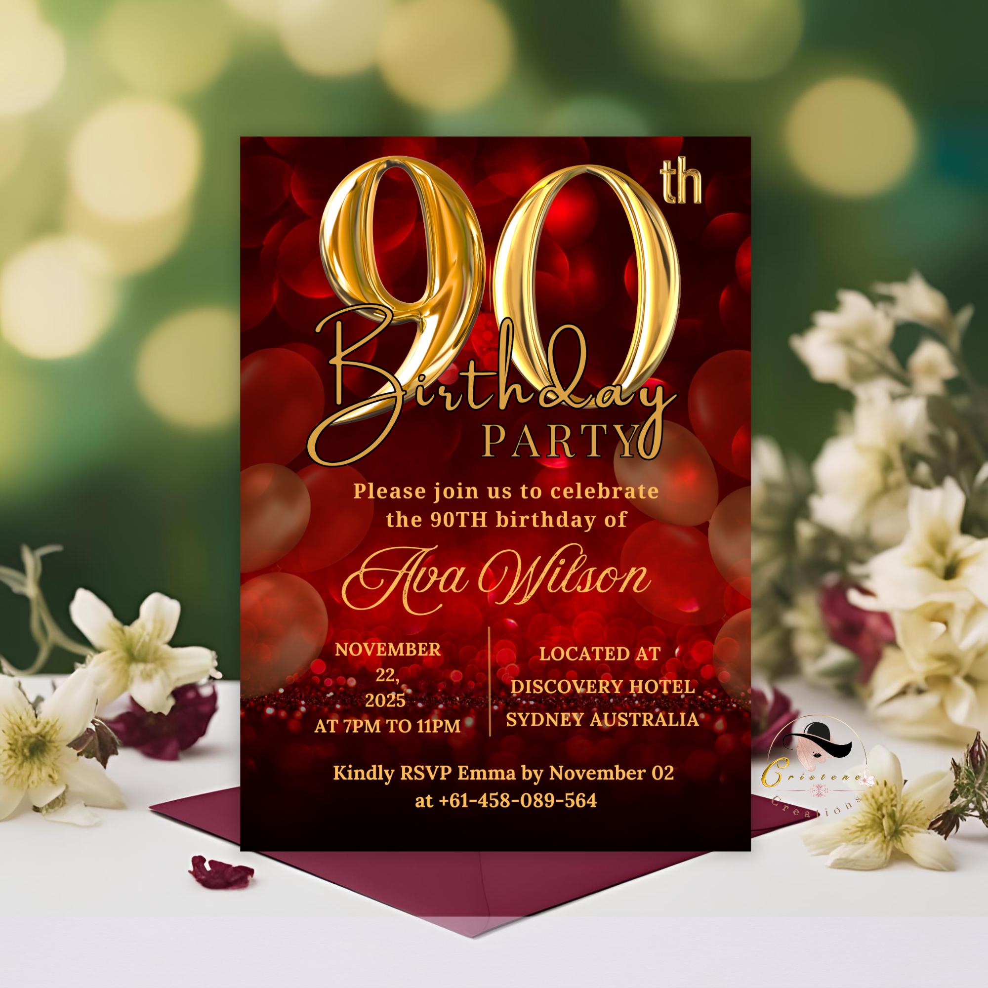 90th birthday invitation Red Gold 90th Birthday Dinner invite, 90 and Fabulous Party, Elegant Ninetieth Birthday Woman Printable Template
