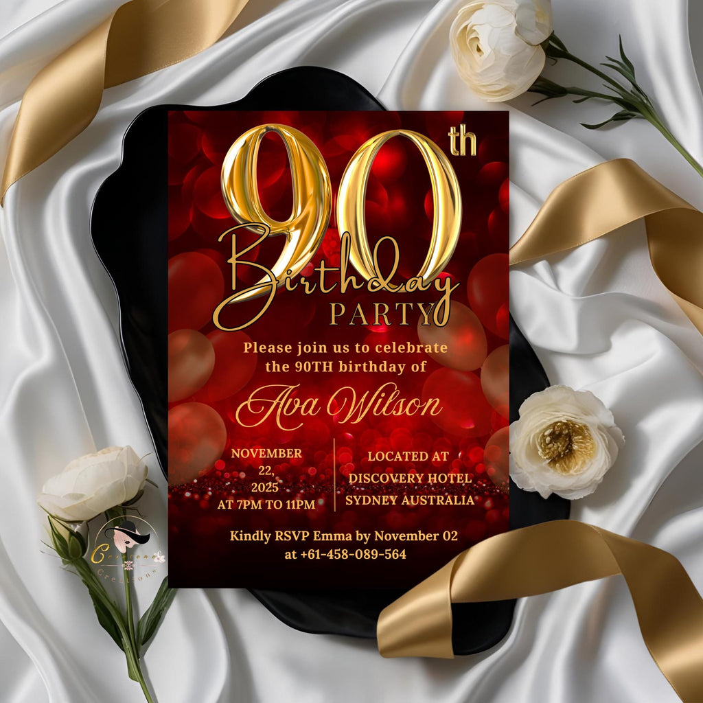 90th birthday invitation Red Gold 90th Birthday Dinner invite, 90 and Fabulous Party, Elegant Ninetieth Birthday Woman Printable Template
