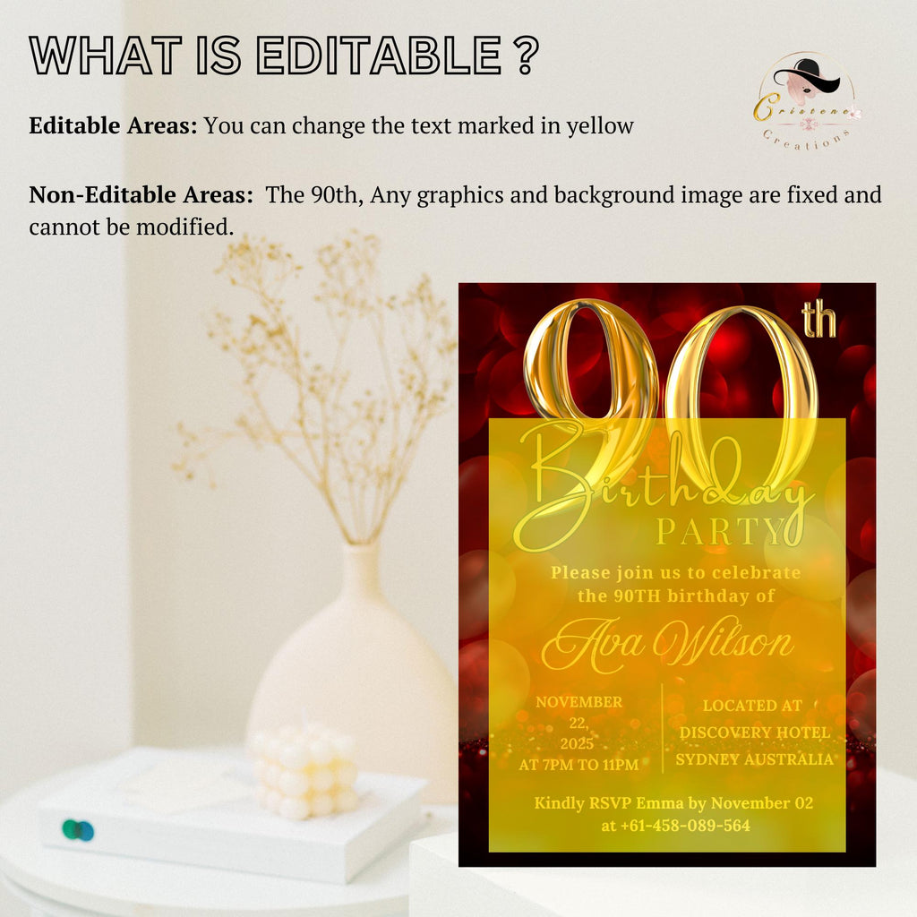 90th birthday invitation Red Gold 90th Birthday Dinner invite, 90 and Fabulous Party, Elegant Ninetieth Birthday Woman Printable Template