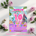 Digital Waterpark Birthday invitation Waterslide girl birthday, Pink purple pool party invite, 10th birthday water party Editable template