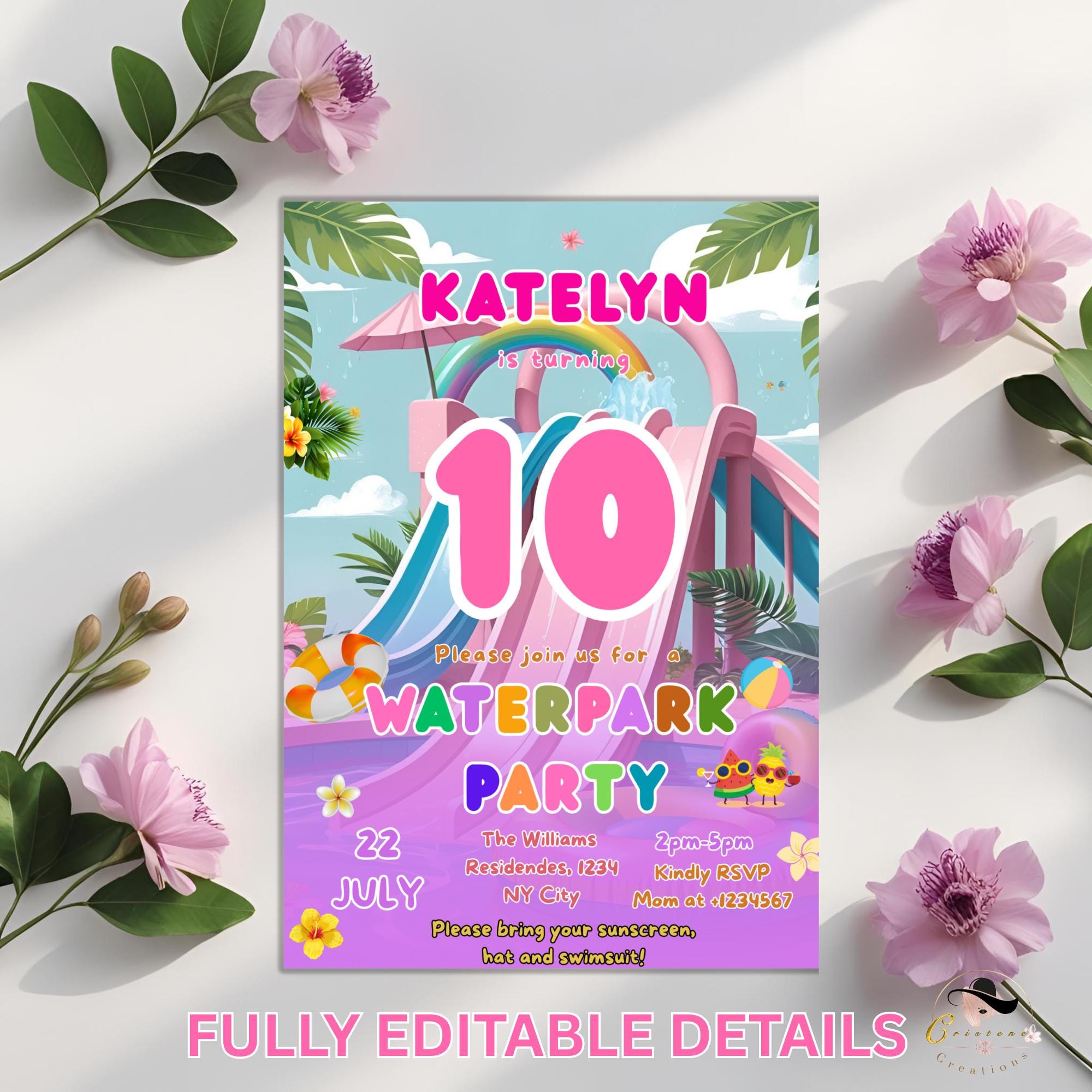 Digital Waterpark Birthday invitation Waterslide girl birthday, Pink purple pool party invite, 10th birthday water party Editable template