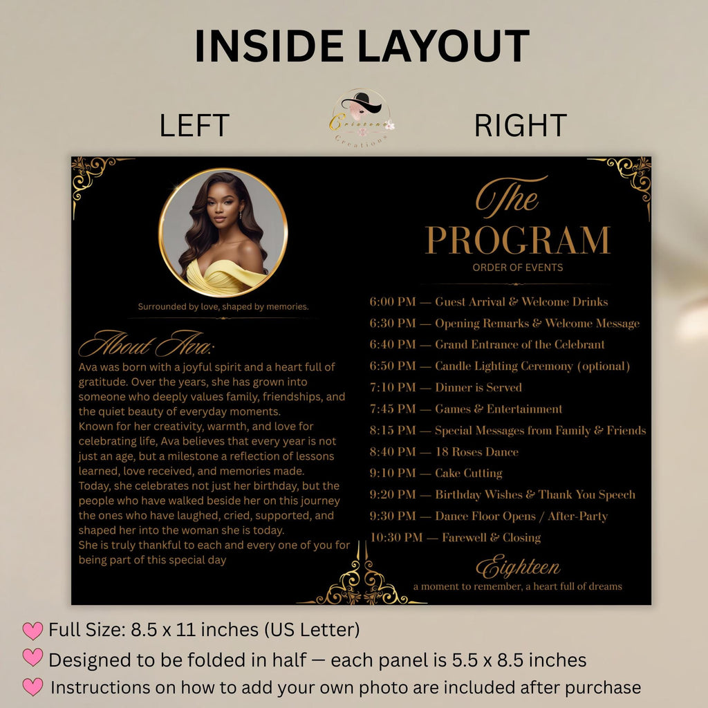 Birthday Program Template Black gold Bifold Program card printable with photo, Event Gala Programme Digital Retirement party program canva
