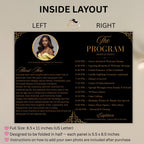 Birthday Program Template Black gold Bifold Program card printable with photo, Event Gala Programme Digital Retirement party program canva