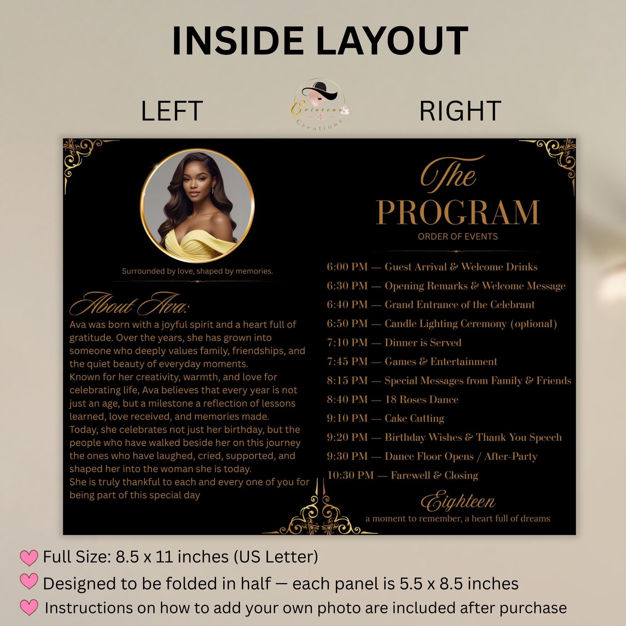Birthday Program Template Black gold Bifold Program card printable with photo, Event Gala Programme Digital Retirement party program canva