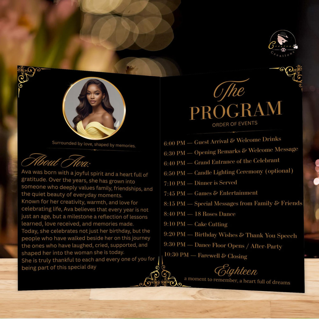 Birthday Program Template Black gold Bifold Program card printable with photo, Event Gala Programme Digital Retirement party program canva