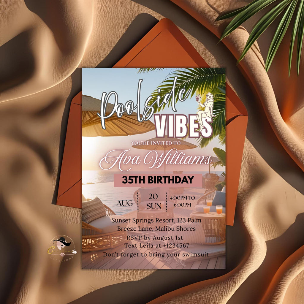 Digital Pool party birthday invitation Brunch Poolside invite Tropical Summer birthday card printable Tequila sunrise Bachelorette template