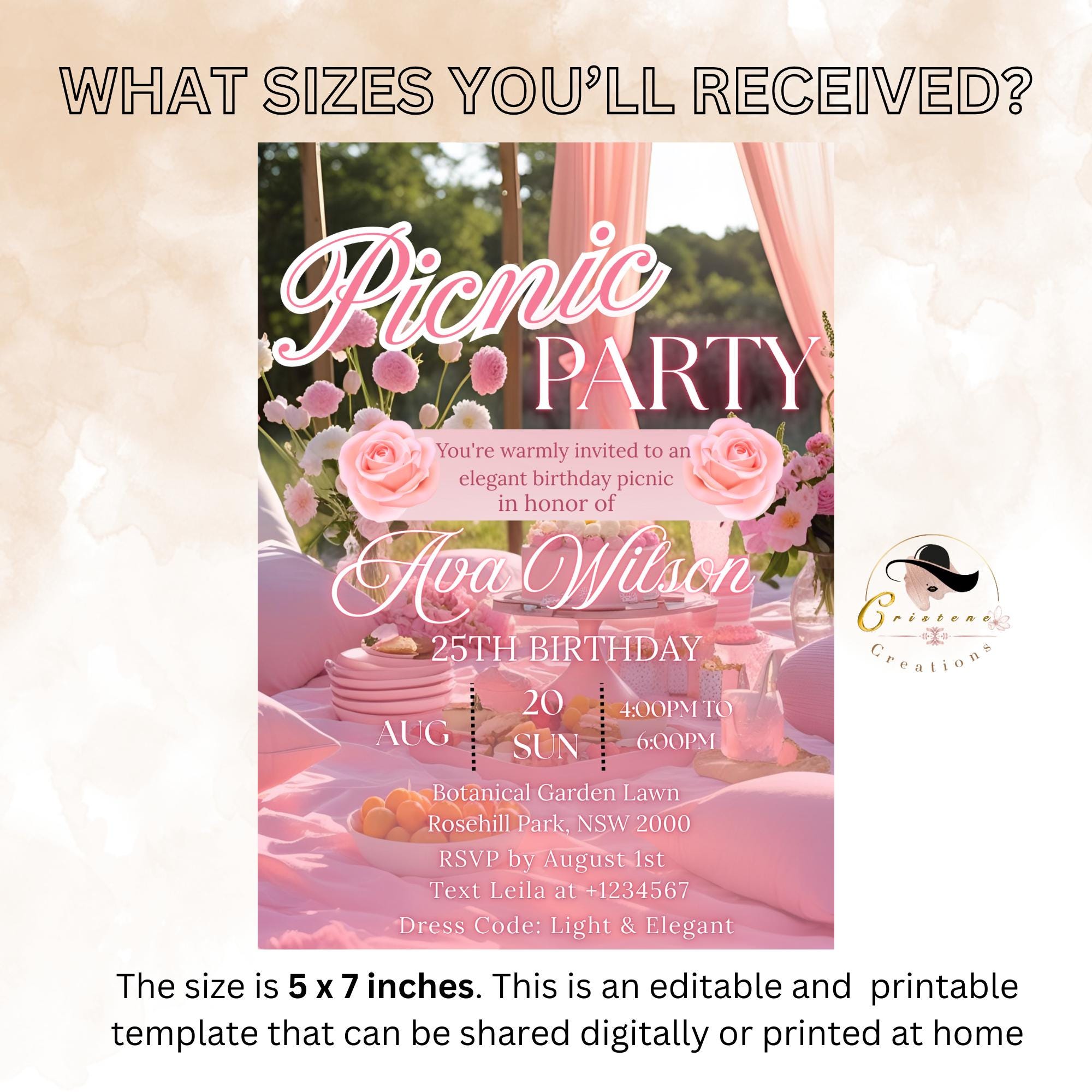 Pink Picnic Birthday Party Invitation, Garden Party Invite (Digital Download)