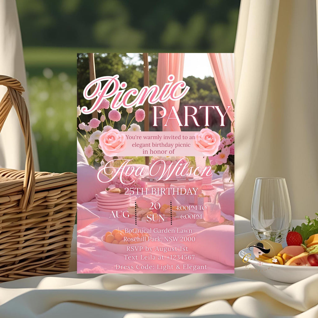 Pink Picnic Birthday Party Invitation, Garden Party Invite (Digital Download)