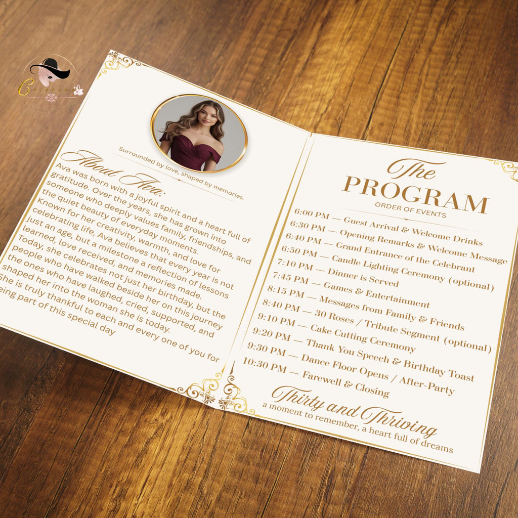 White gold Birthday Program Card Template, Bifold Retirement Party Program with photo, Elegant Order of Events, Printable Timeline Schedule
