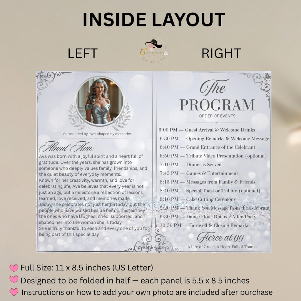 Birthday Program template White silver Bifold Program card with photo printable Event programme schedule Elegant program Wedding party