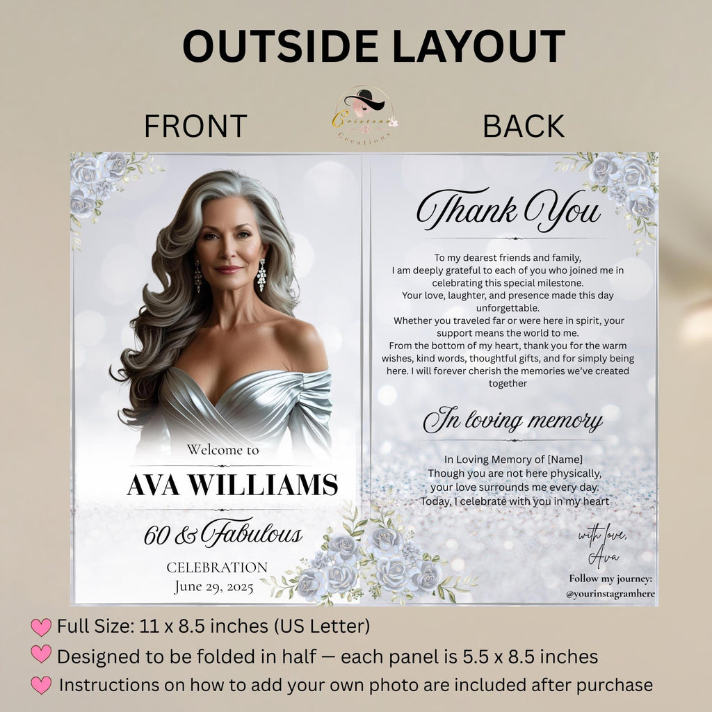 Birthday Program template White silver Bifold Program card with photo printable Event programme schedule Elegant program Wedding party