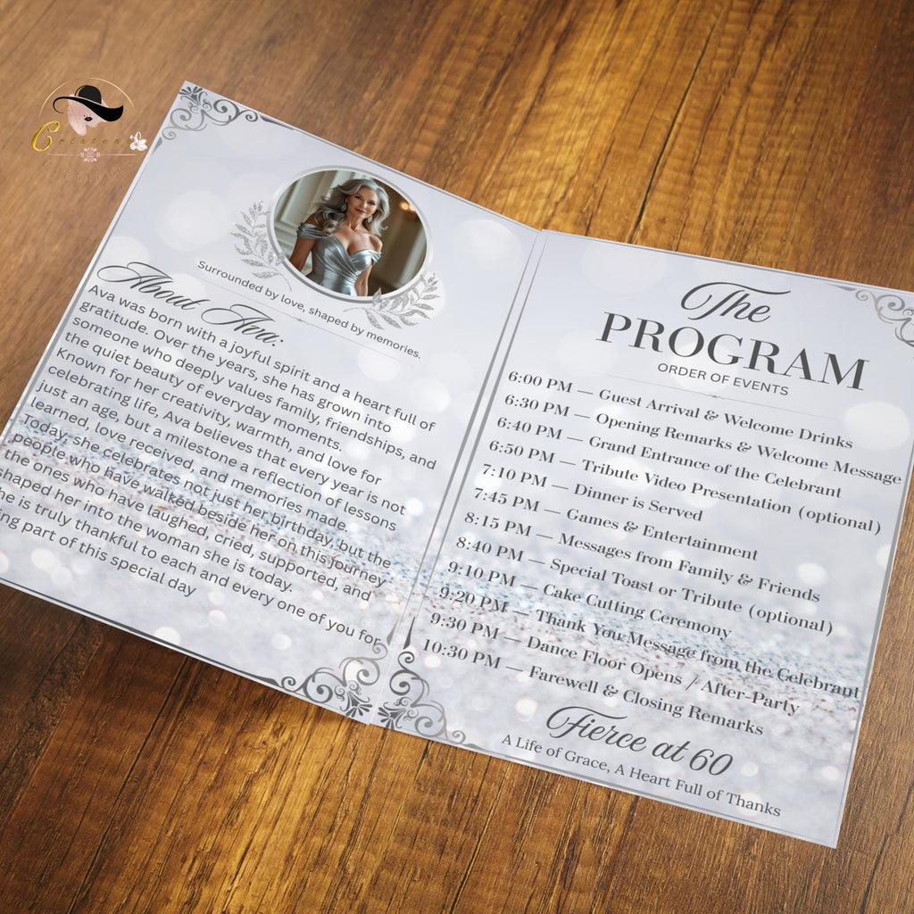 Birthday Program template White silver Bifold Program card with photo printable Event programme schedule Elegant program Wedding party