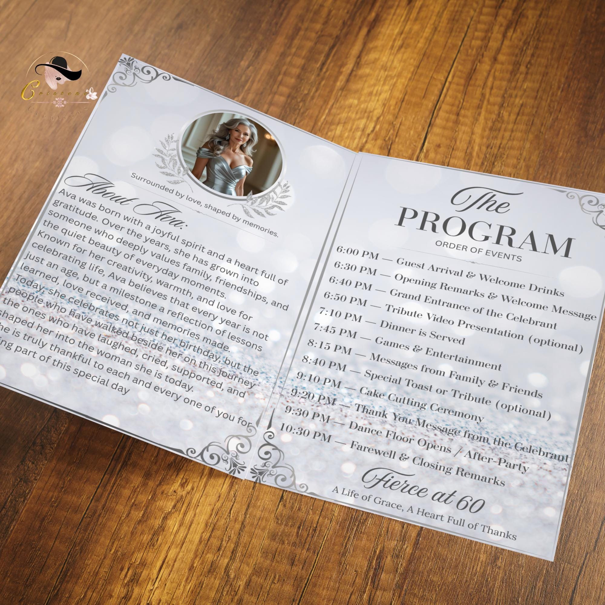Birthday Program template White silver Bifold Program card with photo printable Event programme schedule Elegant program Wedding party