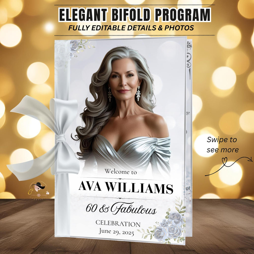 Birthday Program template White silver Bifold Program card with photo printable Event programme schedule Elegant program Wedding party