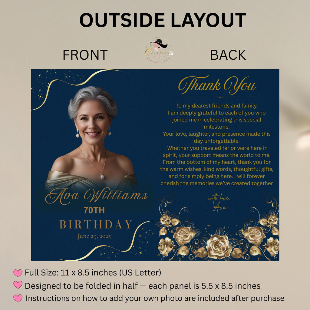 Editable Program Template Bifold 70th birthday party program card printable Navy Blue Retirement program woman, Family Reunion program party