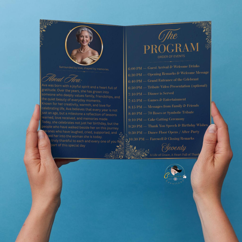 Editable Program Template Bifold 70th birthday party program card printable Navy Blue Retirement program woman, Family Reunion program party