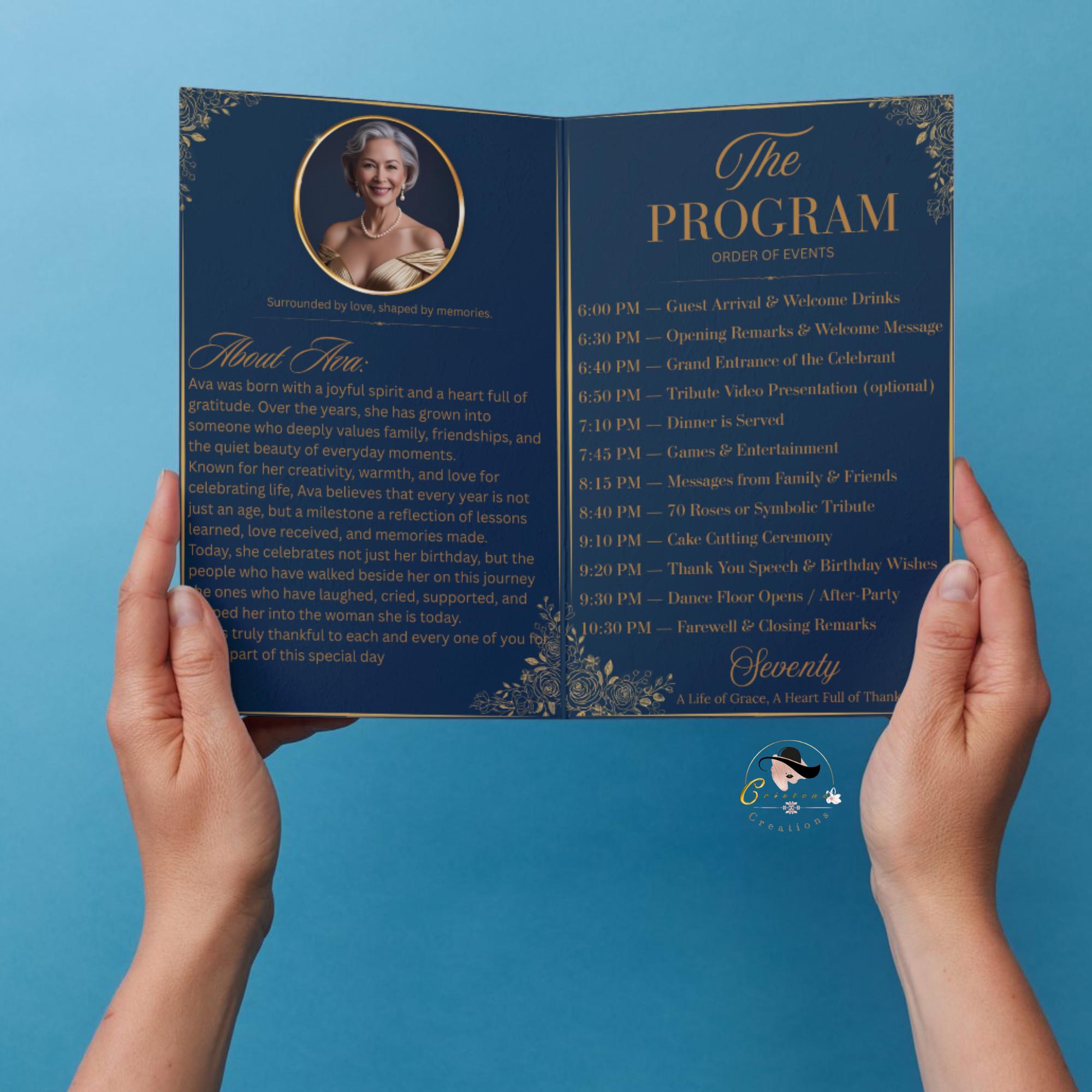 Editable Program Template Bifold 70th birthday party program card printable Navy Blue Retirement program woman, Family Reunion program party