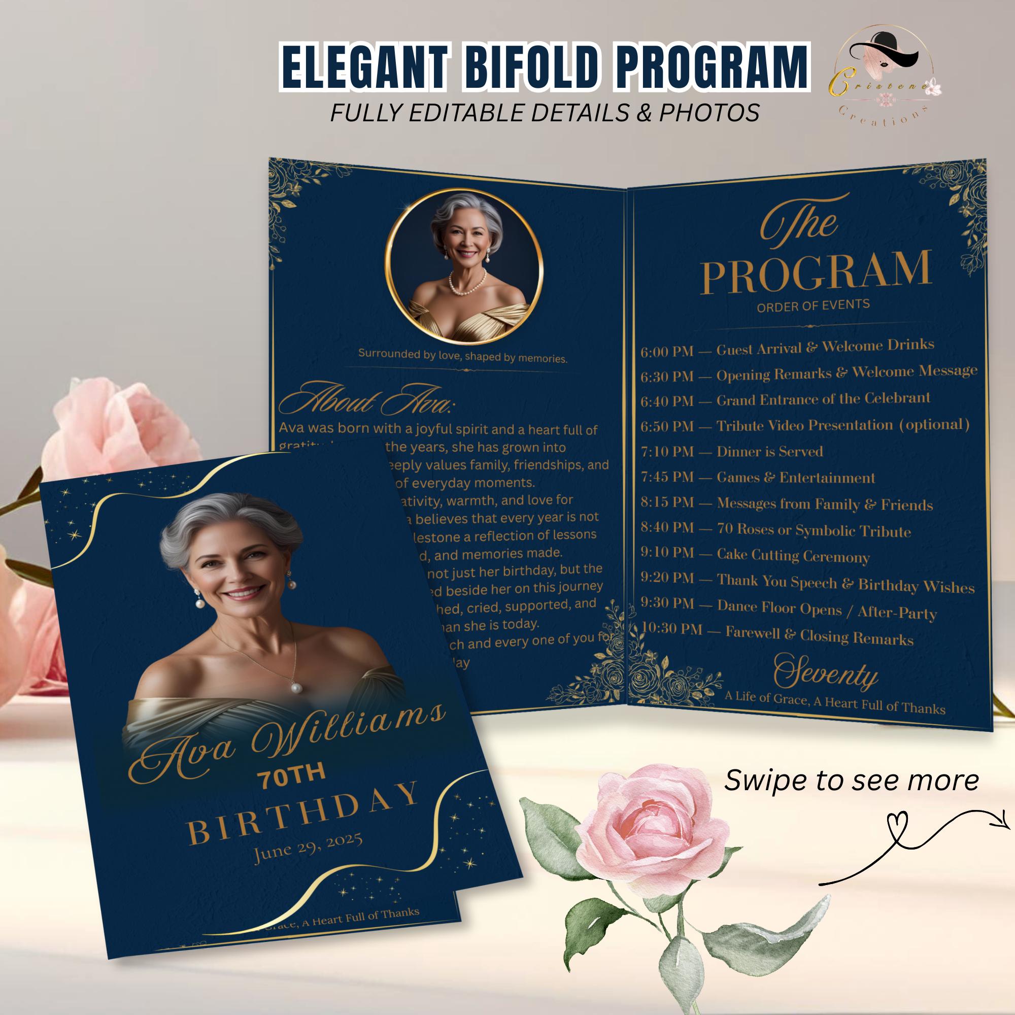 Editable Program Template Bifold 70th birthday party program card printable Navy Blue Retirement program woman, Family Reunion program party