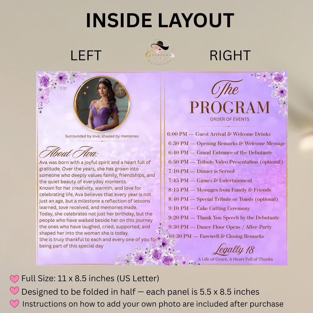 Purple Program template Birthday party program card Bifold Quinceanera Program with photo Retirement program printable Anniversary Programme