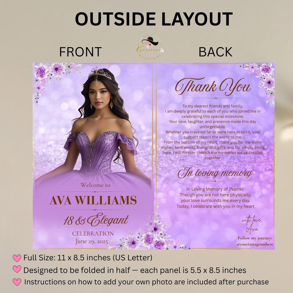 Purple Program template Birthday party program card Bifold Quinceanera Program with photo Retirement program printable Anniversary Programme