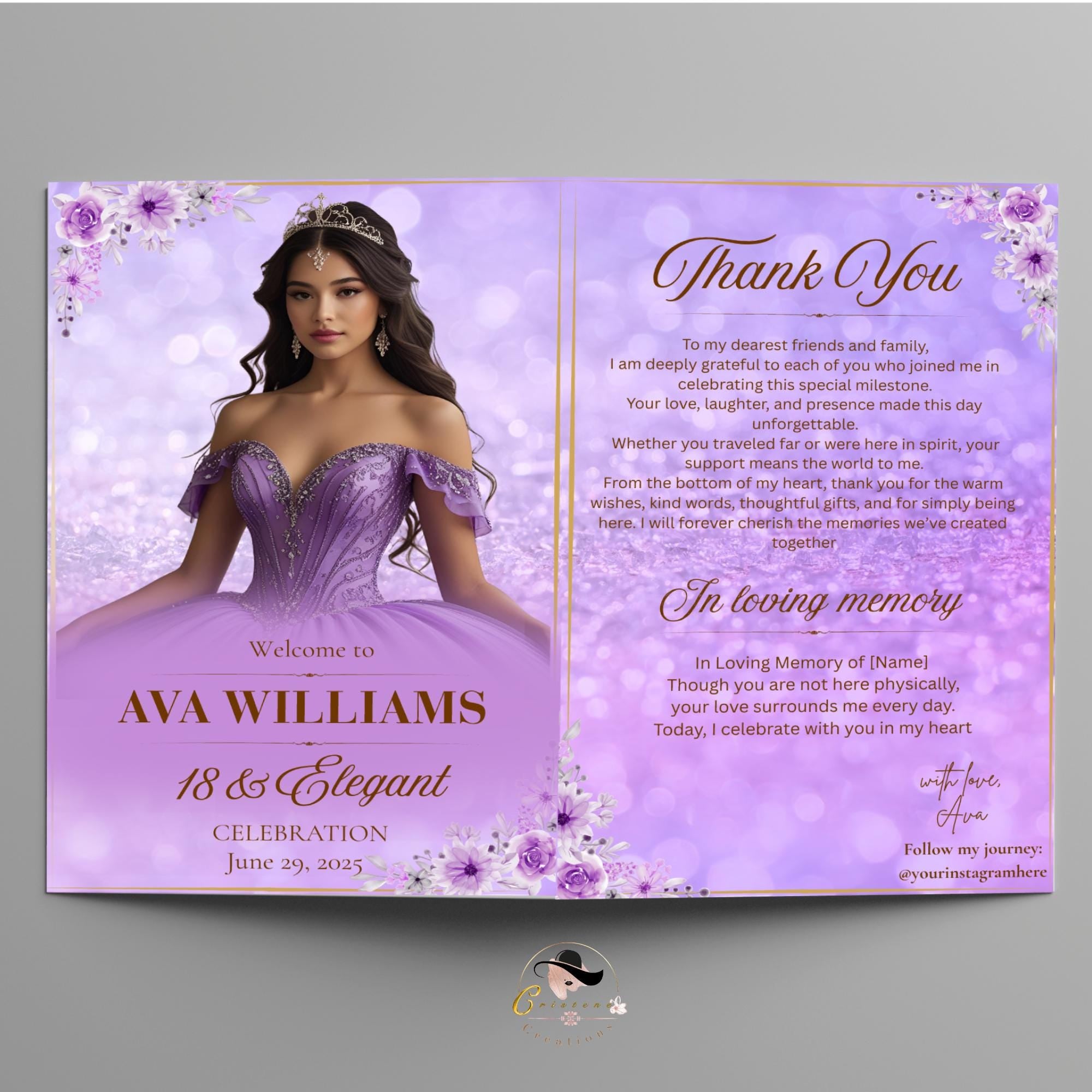 Purple Program template Birthday party program card Bifold Quinceanera Program with photo Retirement program printable Anniversary Programme